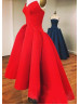 Red Satin High Low Pleated Evening Dress 